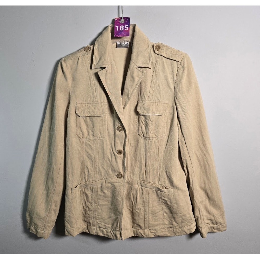 Chicos Womens Jacket Tan Silk Linen Cotton Utility Safari Blazer Size 0 (4)